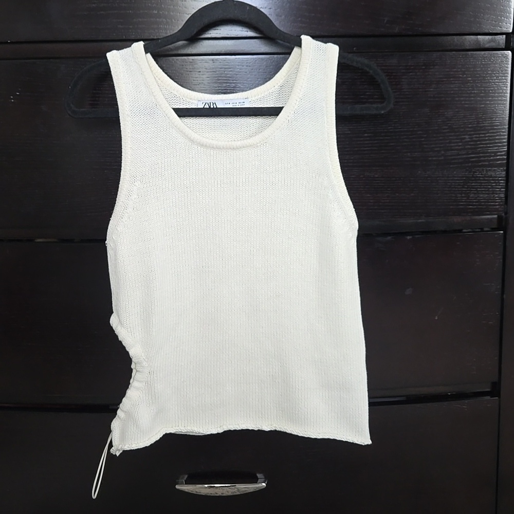 Zara Cream Ribbed Tank Top with Side Drawstring